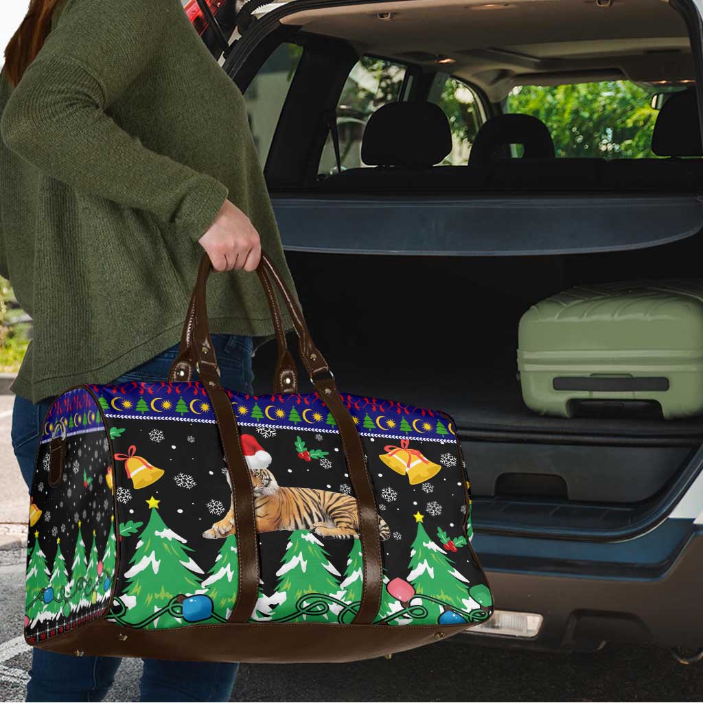 Malaysia Christmas Travel Bag with Tiger Santa Hat Snowflakes and Holiday Tree Pattern - Wonder Print Shop