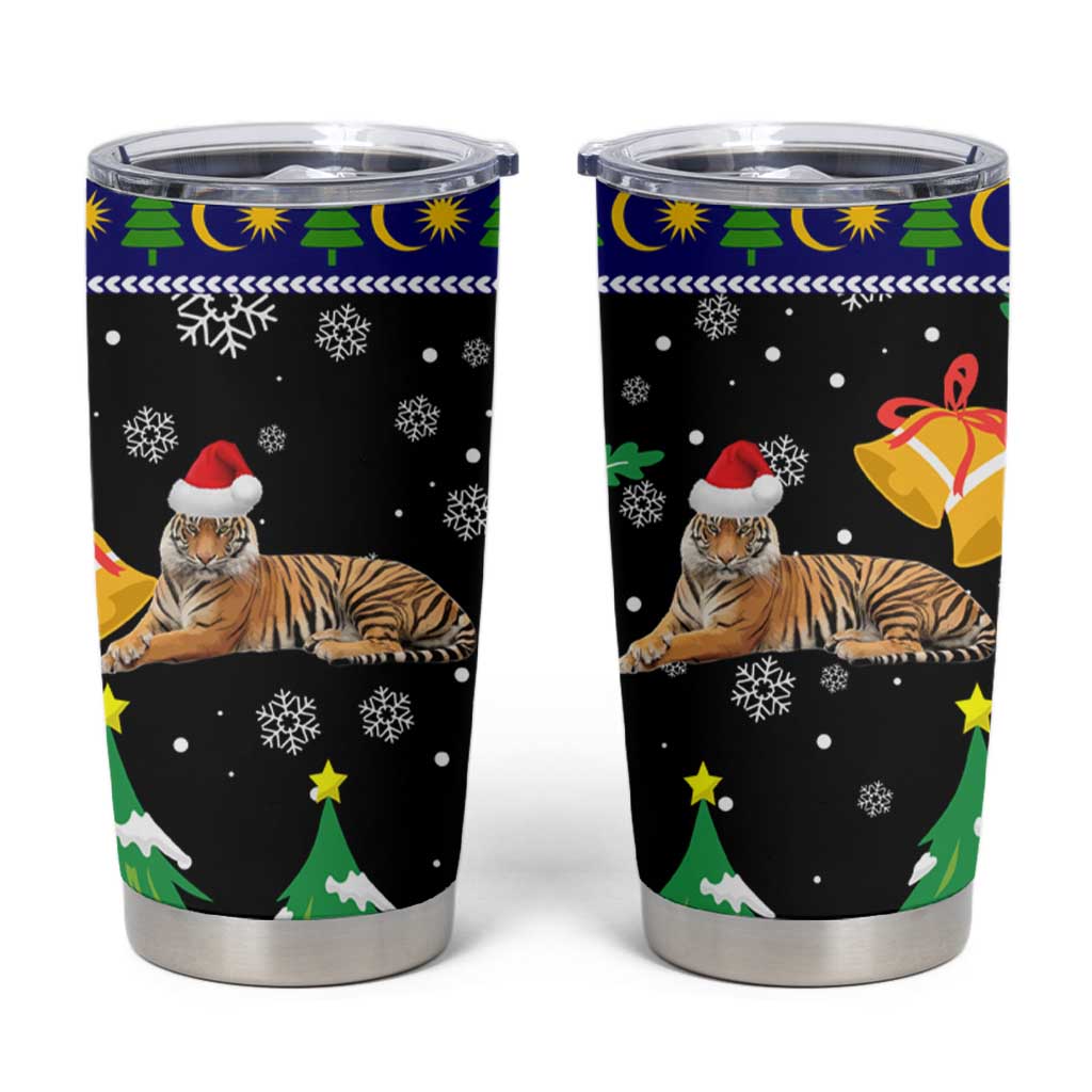Malaysia Christmas Tumbler Cup with Tiger Santa Hat Snowflakes and Holiday Tree Pattern - Wonder Print Shop