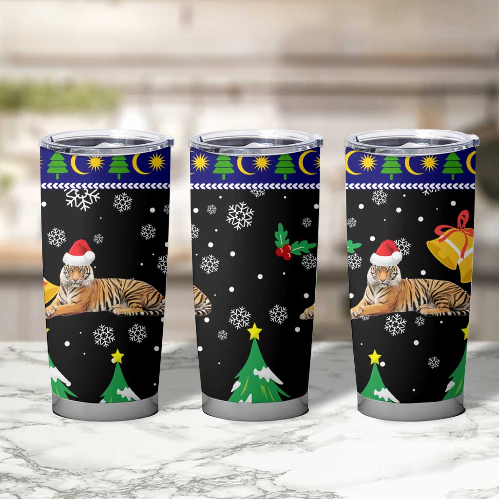 Malaysia Christmas Tumbler Cup with Tiger Santa Hat Snowflakes and Holiday Tree Pattern - Wonder Print Shop