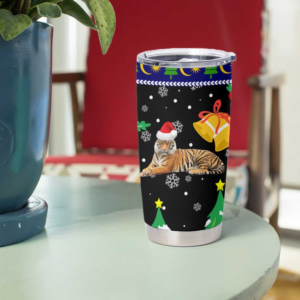 Malaysia Christmas Tumbler Cup with Tiger Santa Hat Snowflakes and Holiday Tree Pattern - Wonder Print Shop