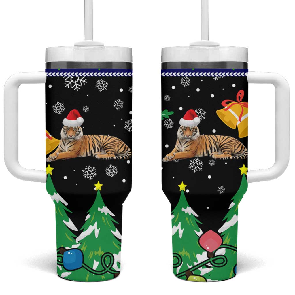 Malaysia Christmas Tumbler With Handle with Tiger Santa Hat Snowflakes and Holiday Tree Pattern - Wonder Print Shop