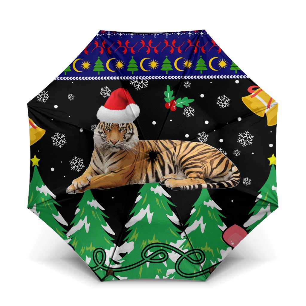 Malaysia Christmas Umbrella with Tiger Santa Hat Snowflakes and Holiday Tree Pattern - Wonder Print Shop