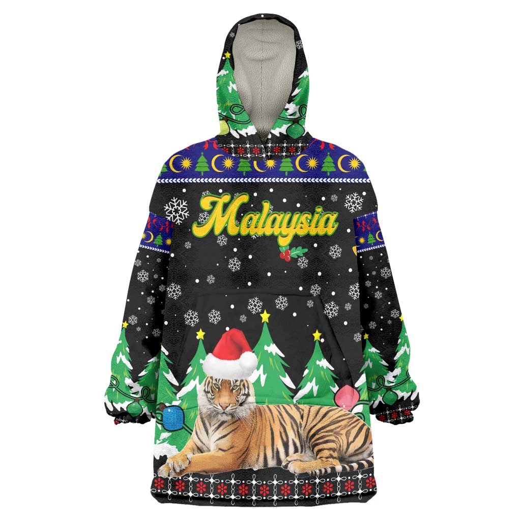 Malaysia Christmas Wearable Blanket Hoodie with Tiger Santa Hat Snowflakes and Holiday Tree Pattern - Wonder Print Shop