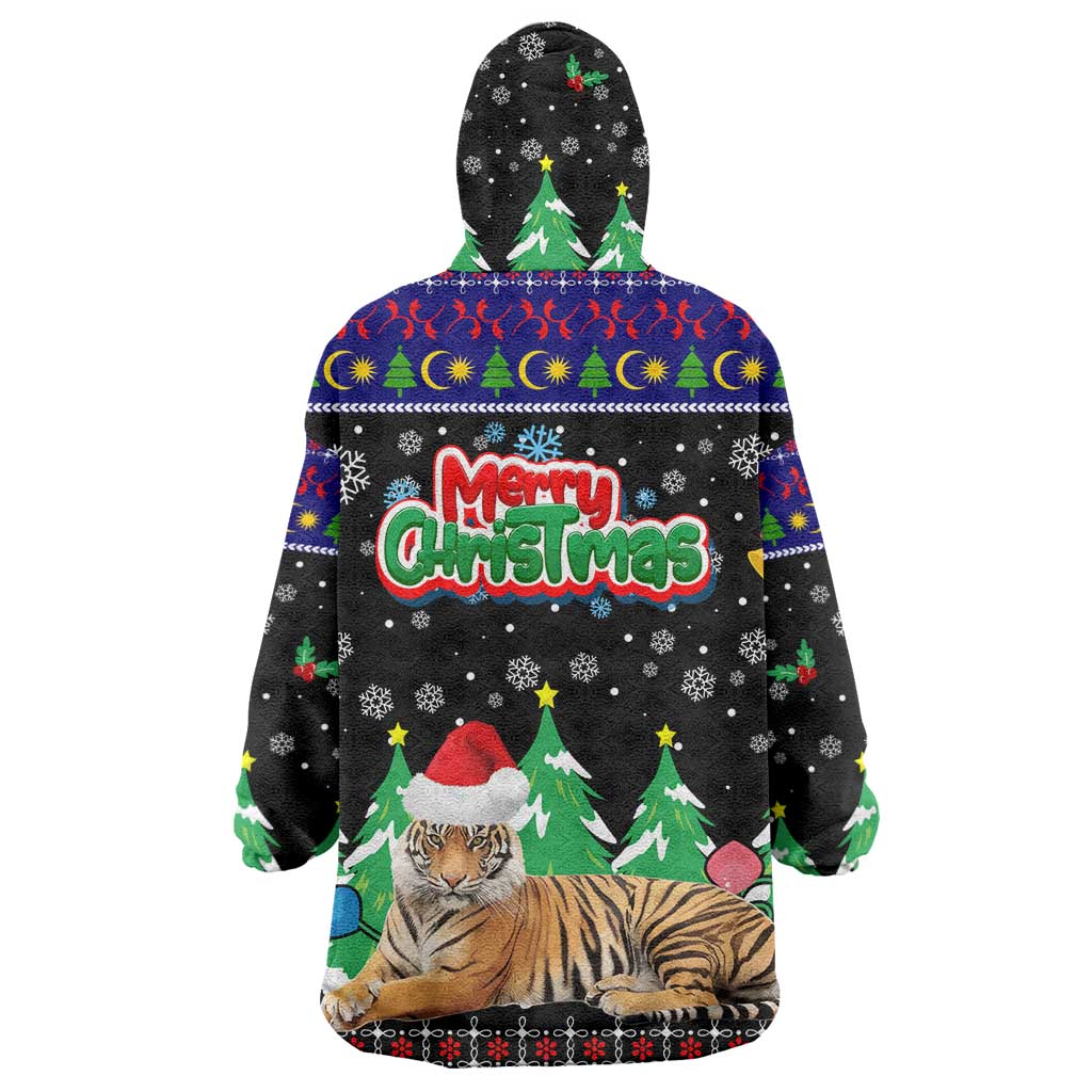 Malaysia Christmas Wearable Blanket Hoodie with Tiger Santa Hat Snowflakes and Holiday Tree Pattern - Wonder Print Shop