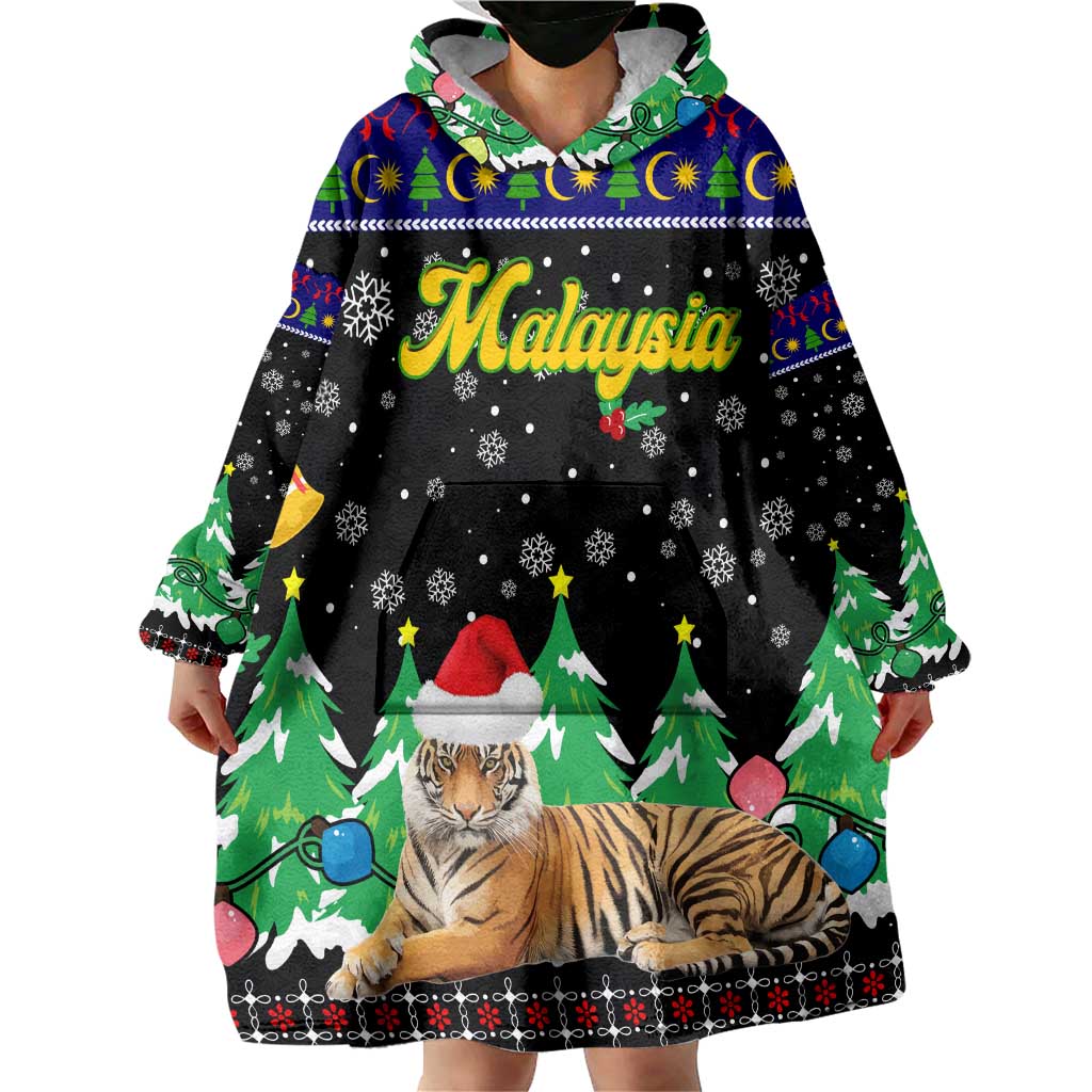 Malaysia Christmas Wearable Blanket Hoodie with Tiger Santa Hat Snowflakes and Holiday Tree Pattern - Wonder Print Shop