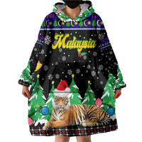 Malaysia Christmas Wearable Blanket Hoodie with Tiger Santa Hat Snowflakes and Holiday Tree Pattern - Wonder Print Shop