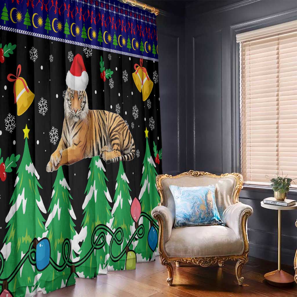 Malaysia Christmas Window Curtain with Tiger Santa Hat Snowflakes and Holiday Tree Pattern - Wonder Print Shop
