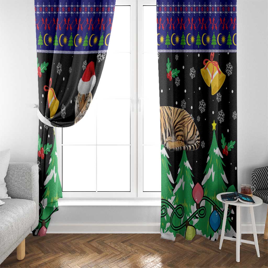 Malaysia Christmas Window Curtain with Tiger Santa Hat Snowflakes and Holiday Tree Pattern - Wonder Print Shop