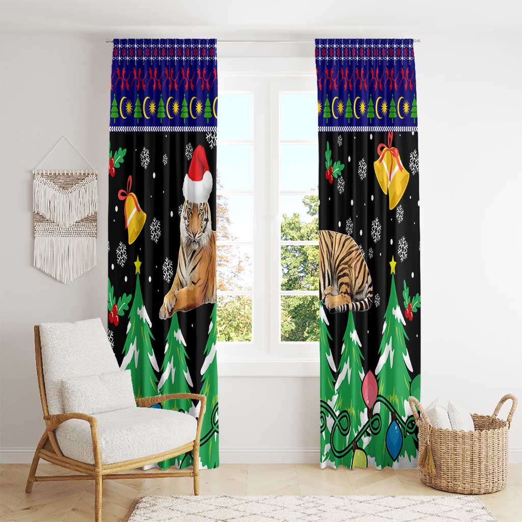Malaysia Christmas Window Curtain with Tiger Santa Hat Snowflakes and Holiday Tree Pattern - Wonder Print Shop