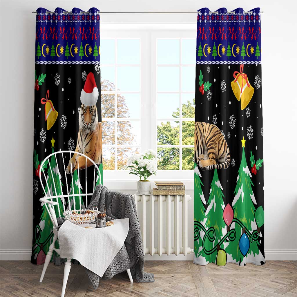 Malaysia Christmas Window Curtain with Tiger Santa Hat Snowflakes and Holiday Tree Pattern - Wonder Print Shop