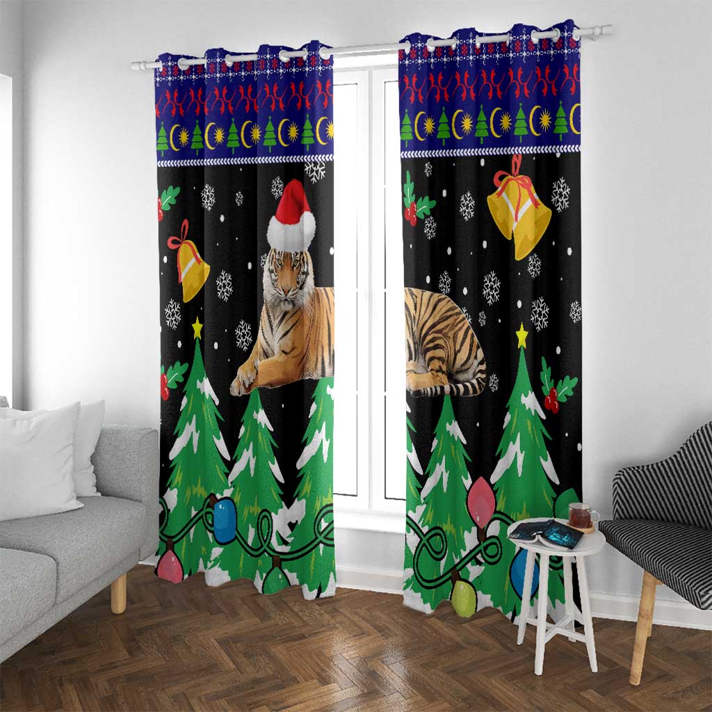 Malaysia Christmas Window Curtain with Tiger Santa Hat Snowflakes and Holiday Tree Pattern - Wonder Print Shop