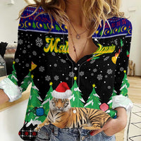 Malaysia Christmas Women Casual Shirt with Tiger Santa Hat Snowflakes and Holiday Tree Pattern - Wonder Print Shop