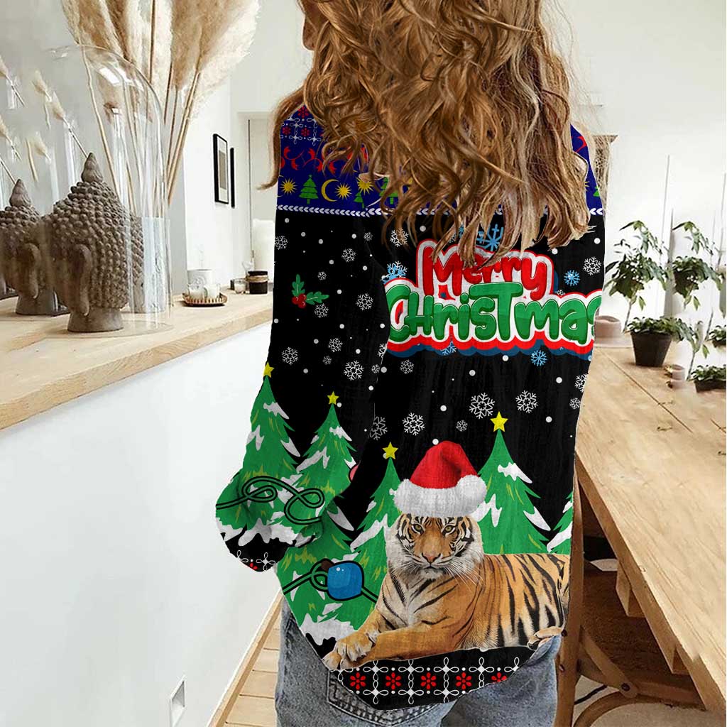 Malaysia Christmas Women Casual Shirt with Tiger Santa Hat Snowflakes and Holiday Tree Pattern - Wonder Print Shop