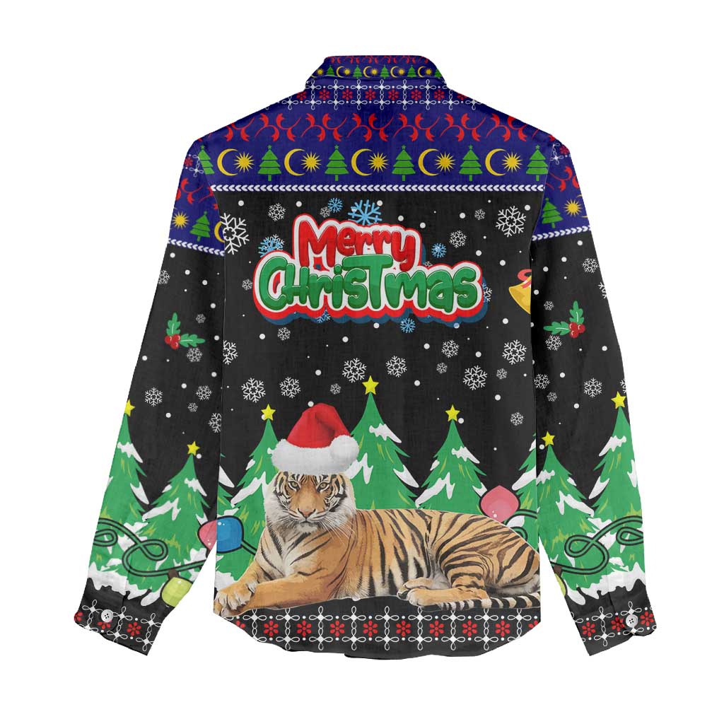 Malaysia Christmas Women Casual Shirt with Tiger Santa Hat Snowflakes and Holiday Tree Pattern - Wonder Print Shop