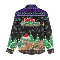 Malaysia Christmas Women Casual Shirt with Tiger Santa Hat Snowflakes and Holiday Tree Pattern - Wonder Print Shop