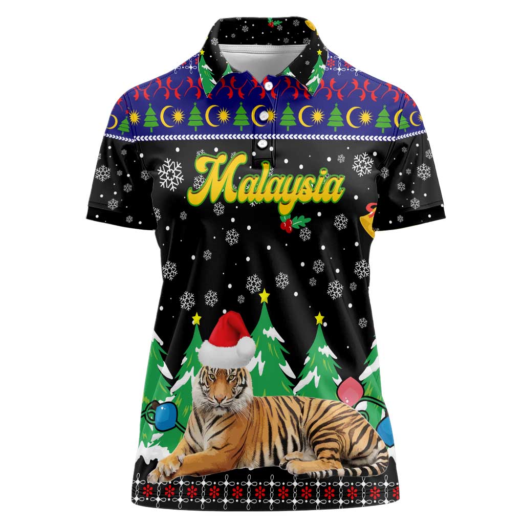 Malaysia Christmas Women Polo Shirt with Tiger Santa Hat Snowflakes and Holiday Tree Pattern - Wonder Print Shop