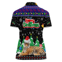 Malaysia Christmas Women Polo Shirt with Tiger Santa Hat Snowflakes and Holiday Tree Pattern - Wonder Print Shop