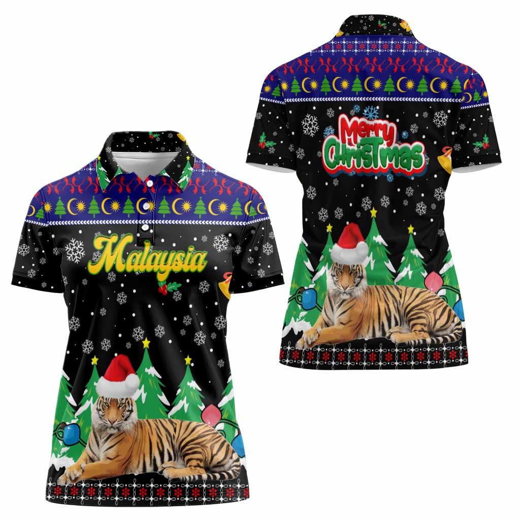 Malaysia Christmas Women Polo Shirt with Tiger Santa Hat Snowflakes and Holiday Tree Pattern - Wonder Print Shop