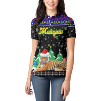 Malaysia Christmas Women Polo Shirt with Tiger Santa Hat Snowflakes and Holiday Tree Pattern - Wonder Print Shop