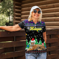 Malaysia Christmas Women Polo Shirt with Tiger Santa Hat Snowflakes and Holiday Tree Pattern - Wonder Print Shop