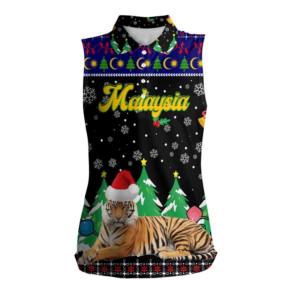 Malaysia Christmas Women Sleeveless Polo Shirt with Tiger Santa Hat Snowflakes and Holiday Tree Pattern - Wonder Print Shop