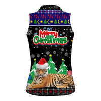 Malaysia Christmas Women Sleeveless Polo Shirt with Tiger Santa Hat Snowflakes and Holiday Tree Pattern - Wonder Print Shop