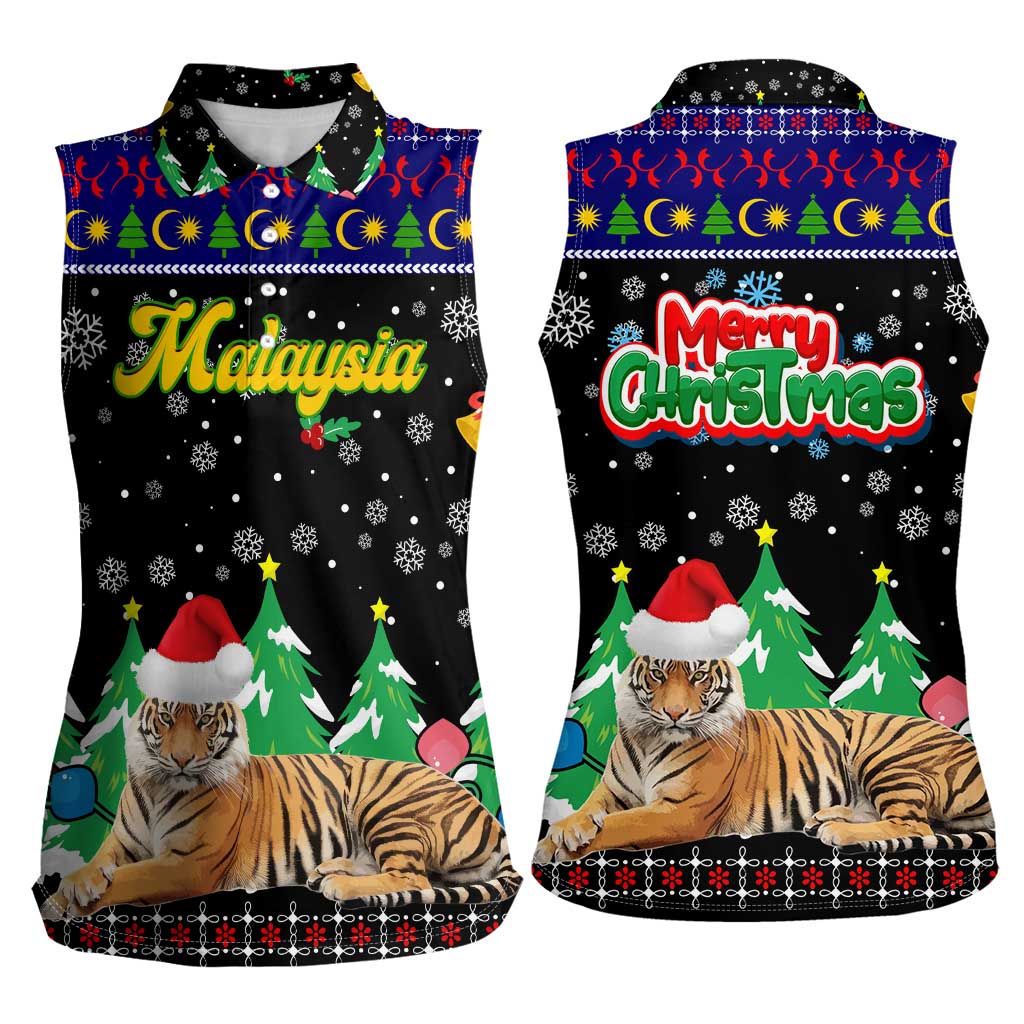 Malaysia Christmas Women Sleeveless Polo Shirt with Tiger Santa Hat Snowflakes and Holiday Tree Pattern - Wonder Print Shop