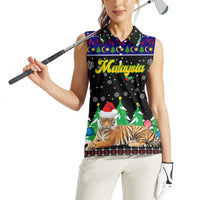 Malaysia Christmas Women Sleeveless Polo Shirt with Tiger Santa Hat Snowflakes and Holiday Tree Pattern - Wonder Print Shop
