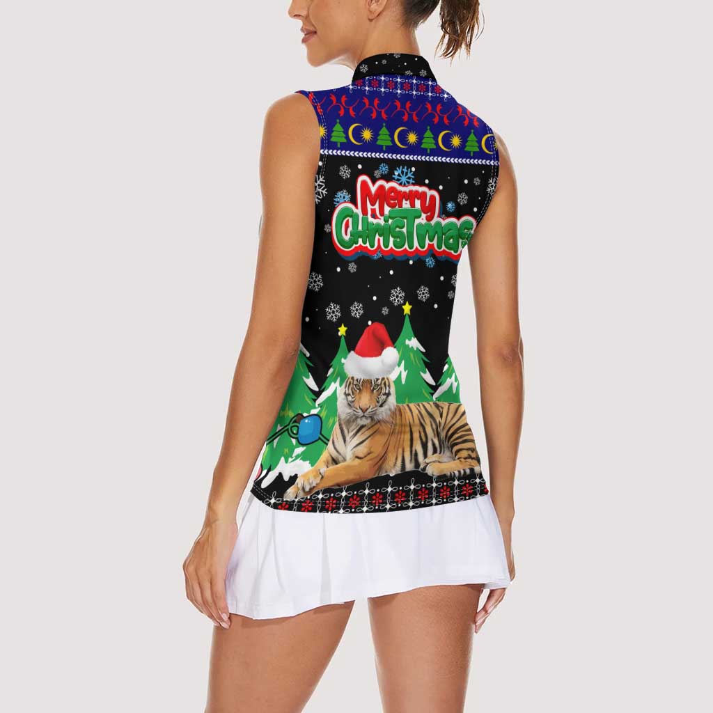Malaysia Christmas Women Sleeveless Polo Shirt with Tiger Santa Hat Snowflakes and Holiday Tree Pattern - Wonder Print Shop