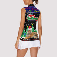 Malaysia Christmas Women Sleeveless Polo Shirt with Tiger Santa Hat Snowflakes and Holiday Tree Pattern - Wonder Print Shop