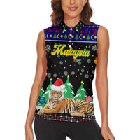 Malaysia Christmas Women Sleeveless Polo Shirt with Tiger Santa Hat Snowflakes and Holiday Tree Pattern - Wonder Print Shop