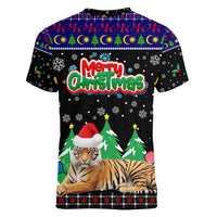 Malaysia Christmas Women V-Neck T-Shirt with Tiger Santa Hat Snowflakes and Holiday Tree Pattern - Wonder Print Shop
