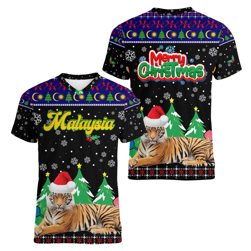 Malaysia Christmas Women V-Neck T-Shirt with Tiger Santa Hat Snowflakes and Holiday Tree Pattern - Wonder Print Shop