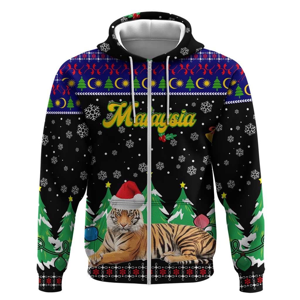 Malaysia Christmas Zip Hoodie with Tiger Santa Hat Snowflakes and Holiday Tree Pattern - Wonder Print Shop