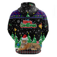 Malaysia Christmas Zip Hoodie with Tiger Santa Hat Snowflakes and Holiday Tree Pattern - Wonder Print Shop