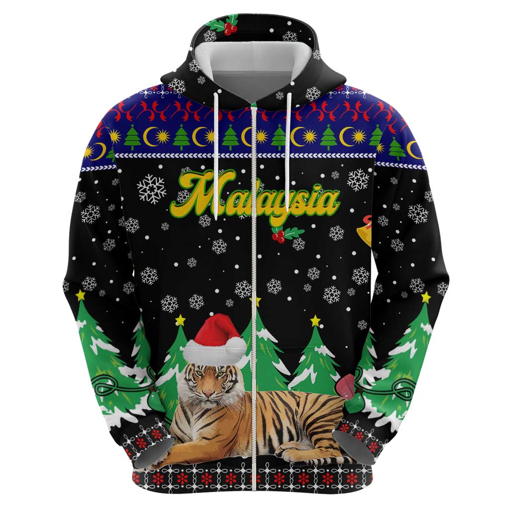 Malaysia Christmas Zip Hoodie with Tiger Santa Hat Snowflakes and Holiday Tree Pattern - Wonder Print Shop