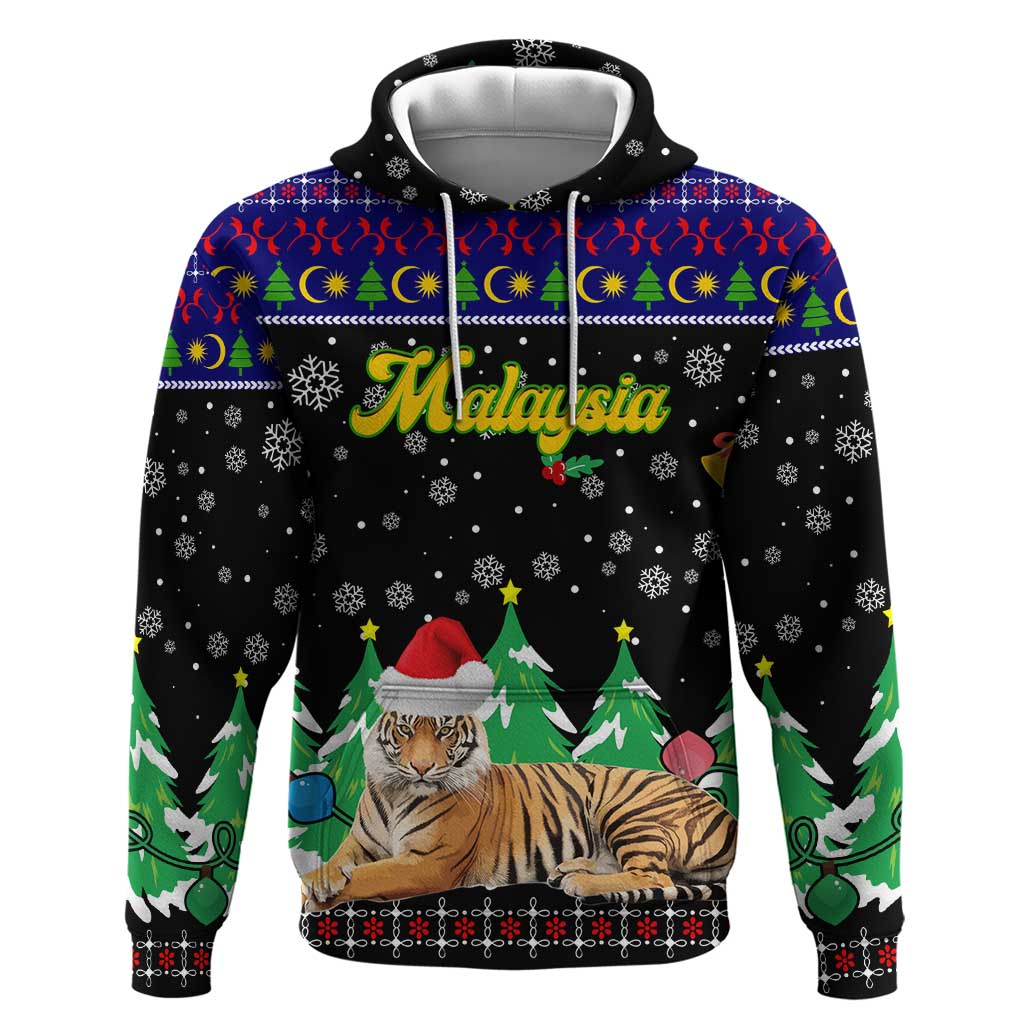 Malaysia Christmas Zip Hoodie with Tiger Santa Hat Snowflakes and Holiday Tree Pattern - Wonder Print Shop