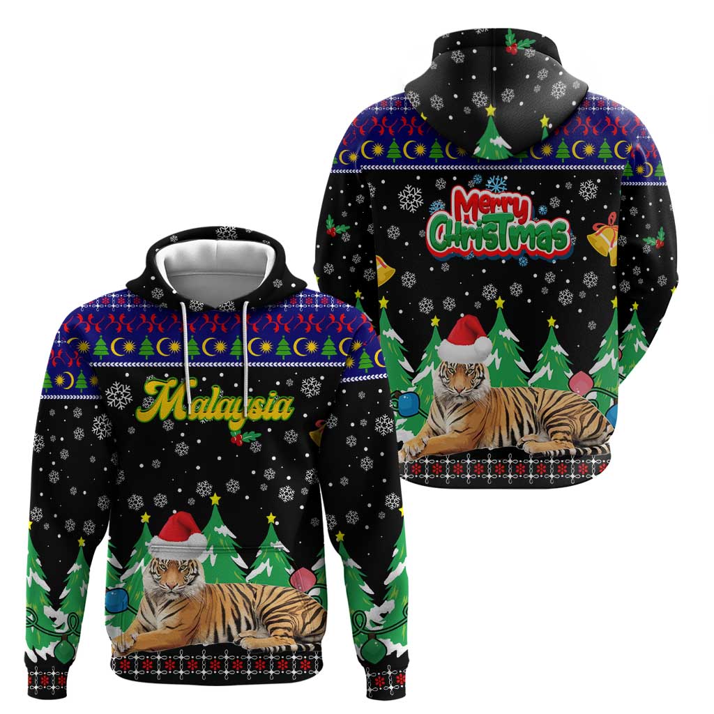 Malaysia Christmas Zip Hoodie with Tiger Santa Hat Snowflakes and Holiday Tree Pattern - Wonder Print Shop