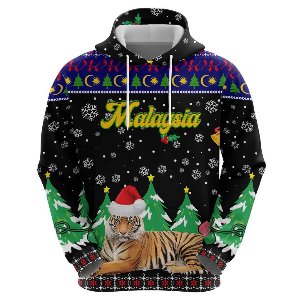 Malaysia Christmas Zip Hoodie with Tiger Santa Hat Snowflakes and Holiday Tree Pattern - Wonder Print Shop