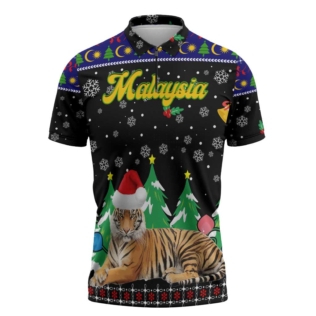 Malaysia Christmas Zipper Polo Shirt with Tiger Santa Hat Snowflakes and Holiday Tree Pattern - Wonder Print Shop