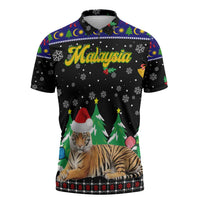 Malaysia Christmas Zipper Polo Shirt with Tiger Santa Hat Snowflakes and Holiday Tree Pattern - Wonder Print Shop
