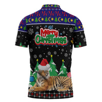 Malaysia Christmas Zipper Polo Shirt with Tiger Santa Hat Snowflakes and Holiday Tree Pattern - Wonder Print Shop