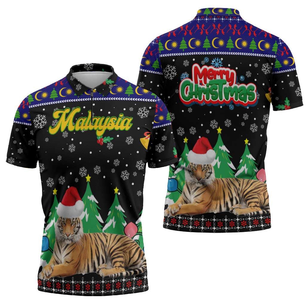 Malaysia Christmas Zipper Polo Shirt with Tiger Santa Hat Snowflakes and Holiday Tree Pattern - Wonder Print Shop