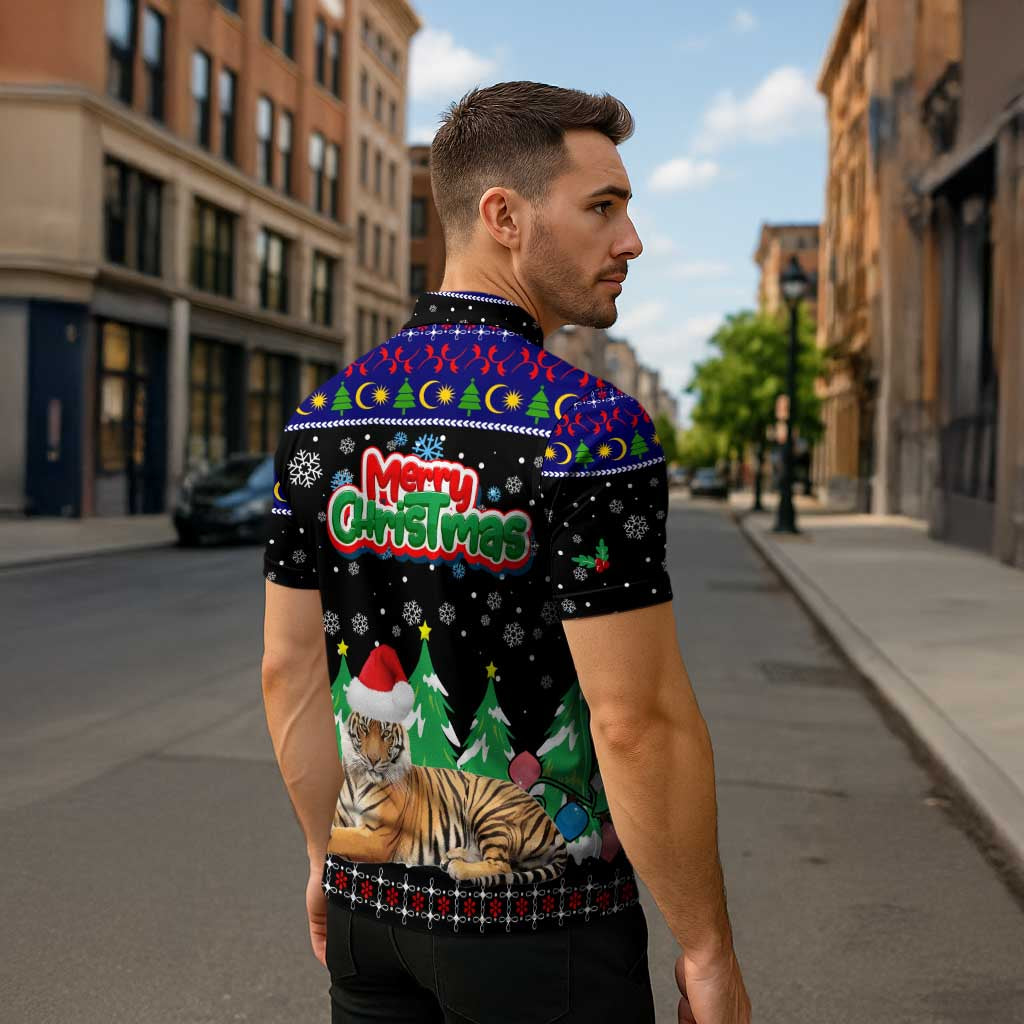Malaysia Christmas Zipper Polo Shirt with Tiger Santa Hat Snowflakes and Holiday Tree Pattern - Wonder Print Shop