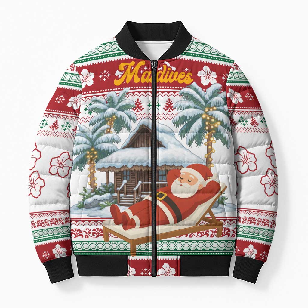 Maldives Christmas Bomber Puffer Jacket with Santa Claus Hammock Palm Trees and Tropical - Wonder Print Shop