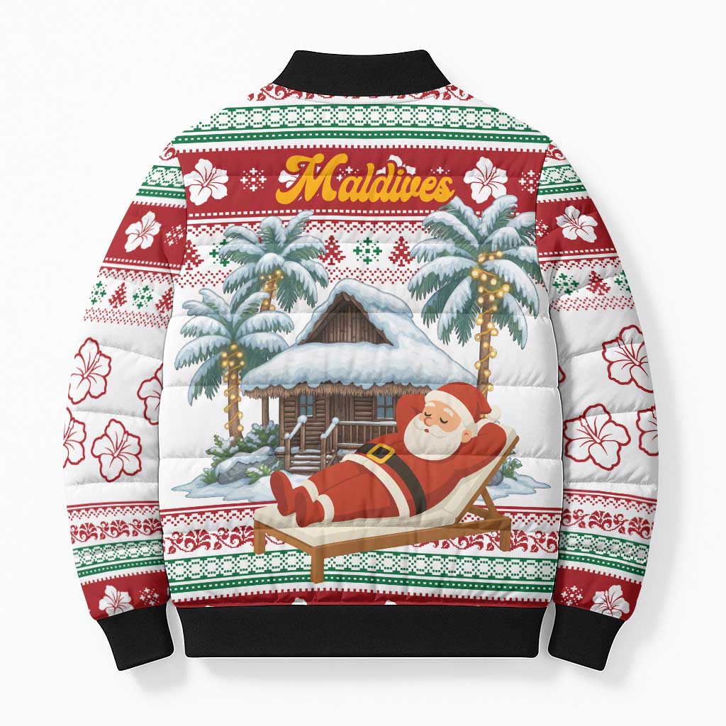 Maldives Christmas Bomber Puffer Jacket with Santa Claus Hammock Palm Trees and Tropical - Wonder Print Shop