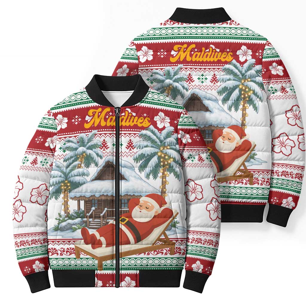 Maldives Christmas Bomber Puffer Jacket with Santa Claus Hammock Palm Trees and Tropical - Wonder Print Shop