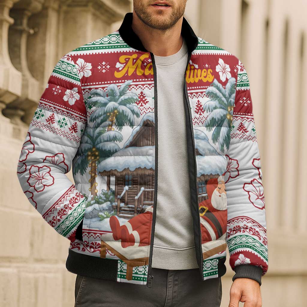 Maldives Christmas Bomber Puffer Jacket with Santa Claus Hammock Palm Trees and Tropical - Wonder Print Shop