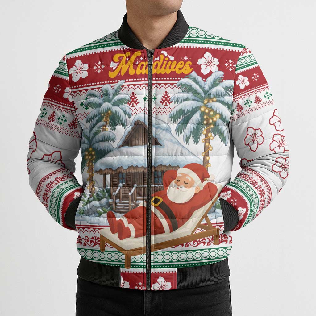 Maldives Christmas Bomber Puffer Jacket with Santa Claus Hammock Palm Trees and Tropical - Wonder Print Shop