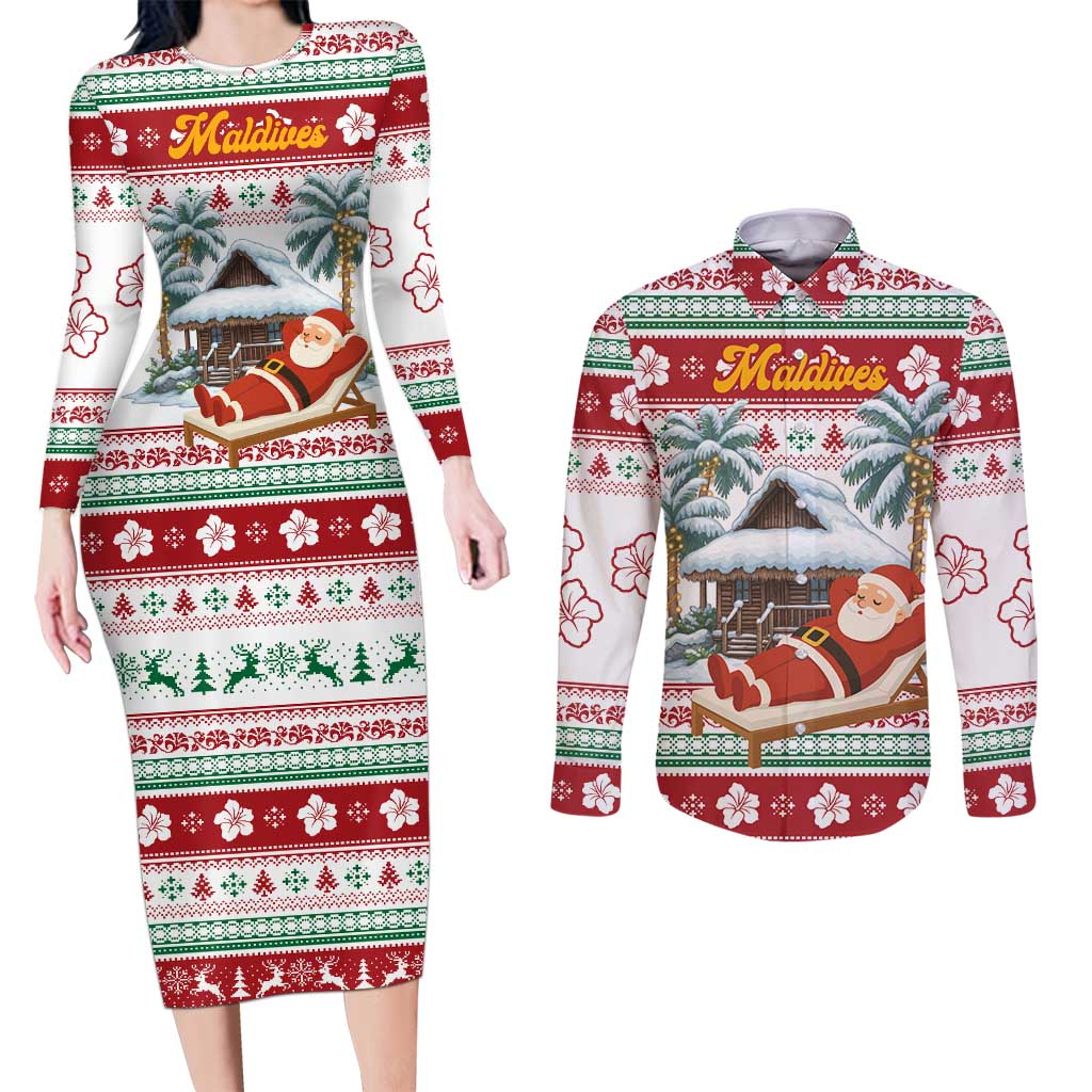 Maldives Christmas Couples Matching Long Sleeve Bodycon Dress and Long Sleeve Button Shirt with Santa Claus Hammock Palm Trees and Tropical - Wonder Print Shop